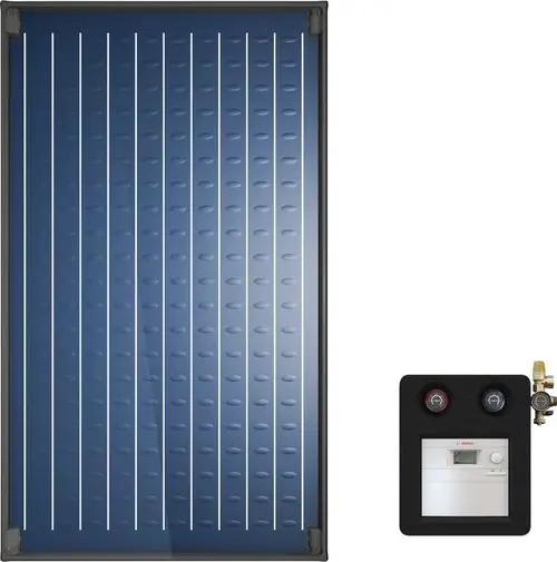 Solarkollektor mit blauer Oberfläche und weißem Rahmen, daneben ein Anschlussmodul mit Druckanzeigen und Anschlüssen, hergestellt von Bosch.